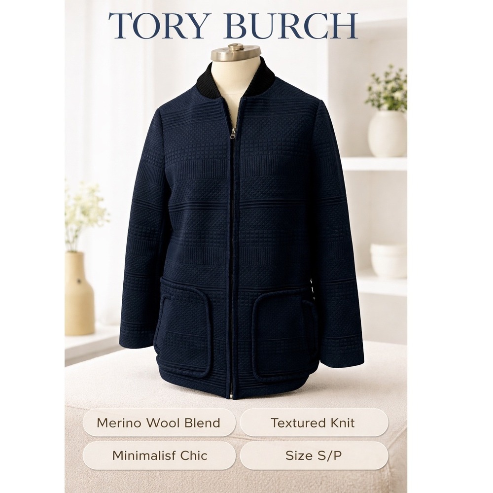 Tory Burch Textured Knit Jacket Navy Merino Wool Zip Up Textured Minimalist‎ S